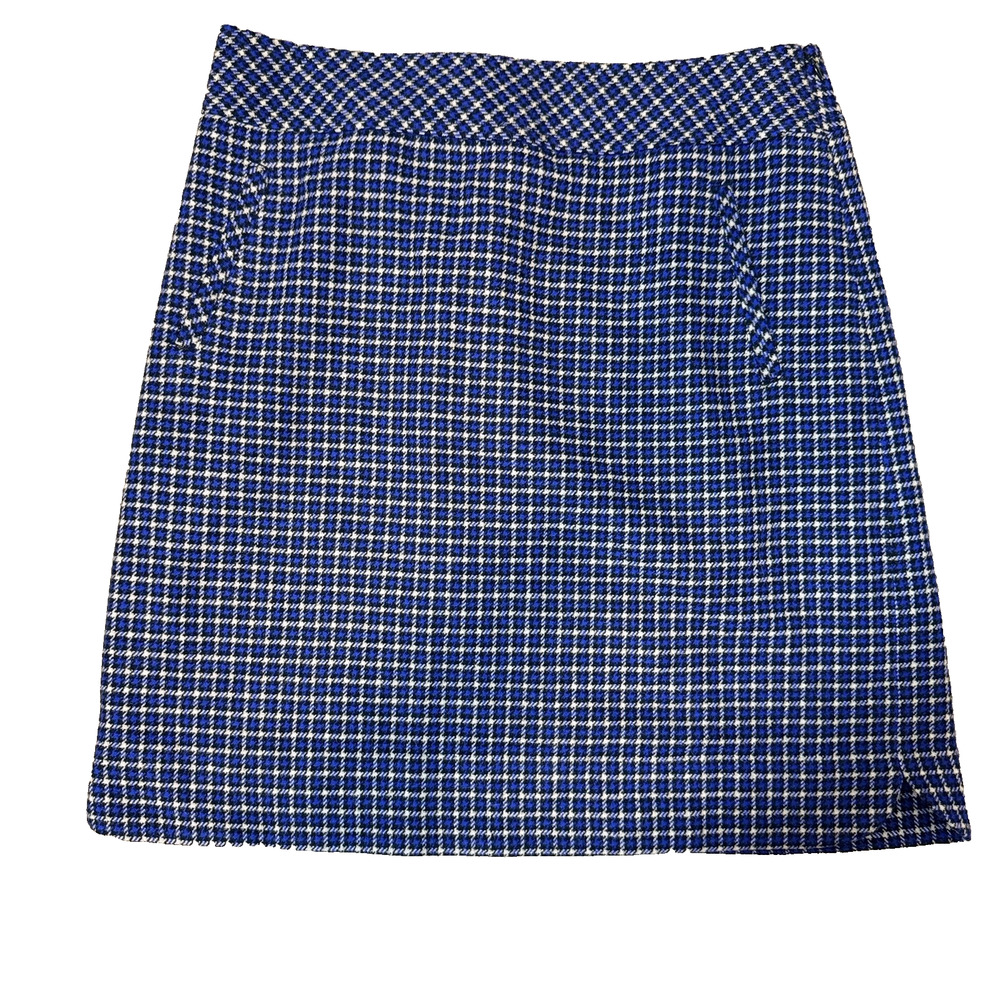 TALBOTS PENCIL SKIRT Checkered Plaid Blue and Tan Skirt Size 8 Wool Blend Lined